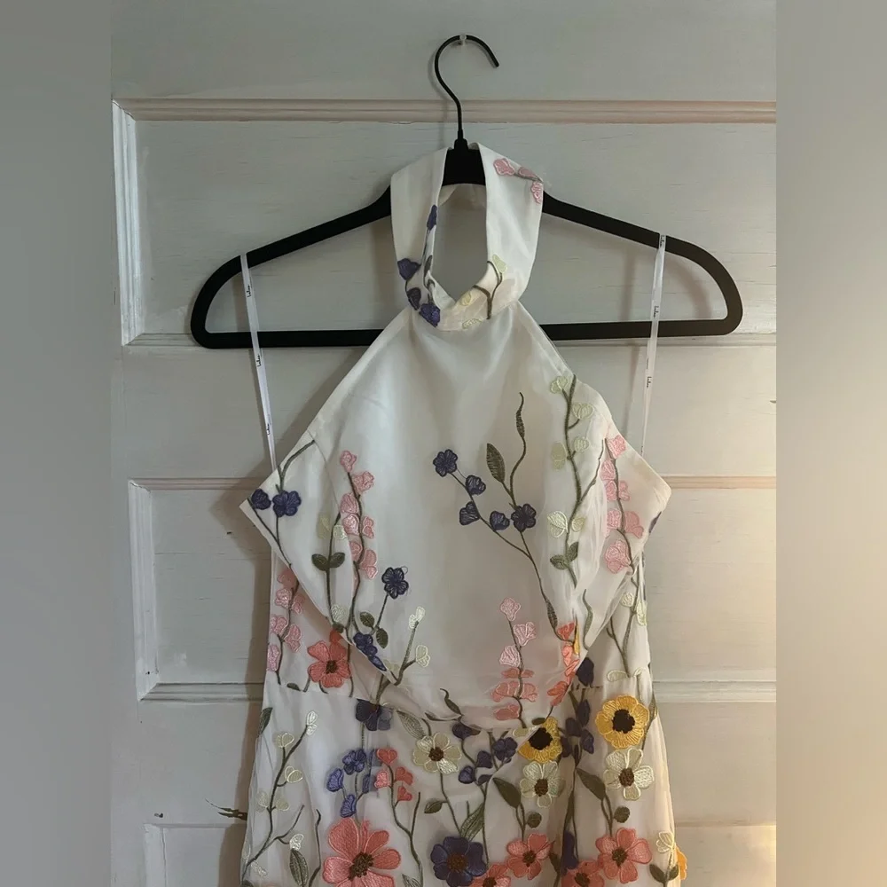 Lulu's Unique Impression Ivory 3D Floral Embroidered Halter Midi Dress - Picture 6 of 11